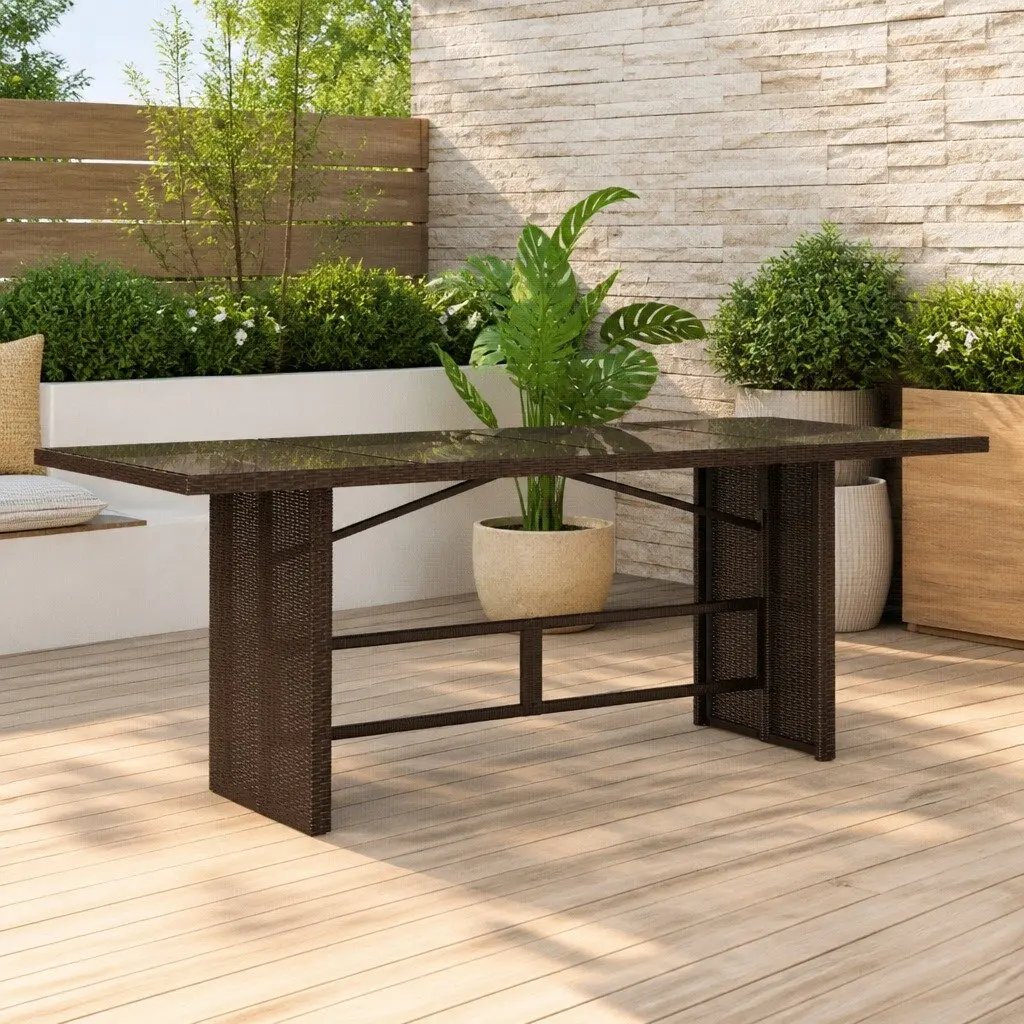 Garden Table Outdoor Patio Furniture Glass Top Brown 190L x 80W x 75H cm