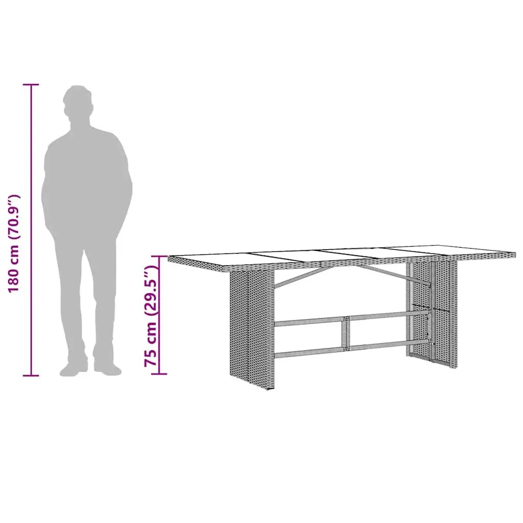 Garden Table Outdoor Patio Furniture Glass Top Brown 190L x 80W x 75H cm