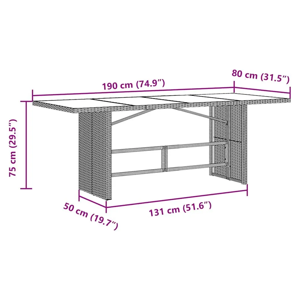 Garden Table Outdoor Patio Furniture Glass Top Brown 190L x 80W x 75H cm