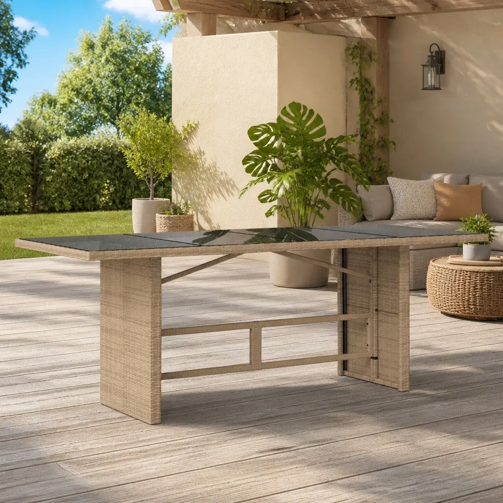 Garden Table Outdoor Use 190x80x75cm Glass Top Beige Poly Rattan
