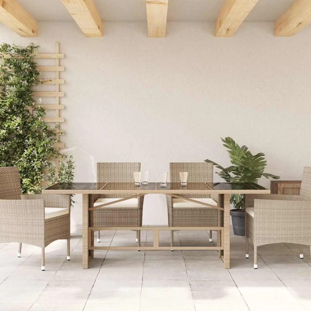 Garden Table Outdoor Use 190x80x75cm Glass Top Beige Poly Rattan