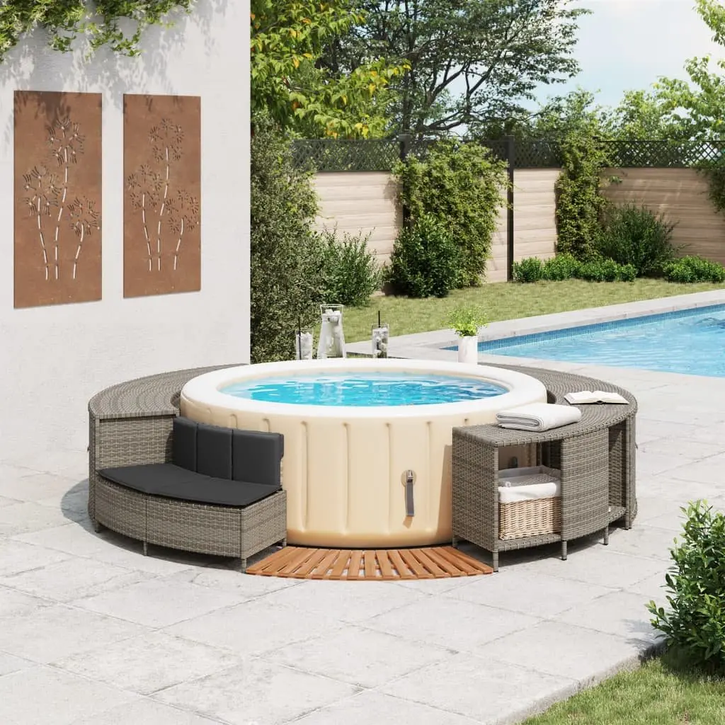 Hot Tub Surround for Spa Area Grey Poly Rattan Storage Rack Step Garden Bench Outdoor