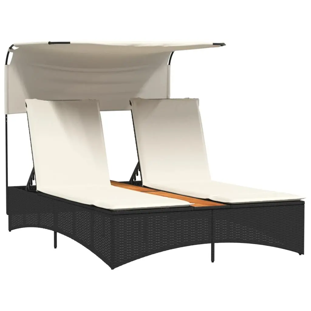 Double Sun Lounger Canopy Cushions Adjustable Backrest Outdoor Garden Furniture Black Poly Rattan