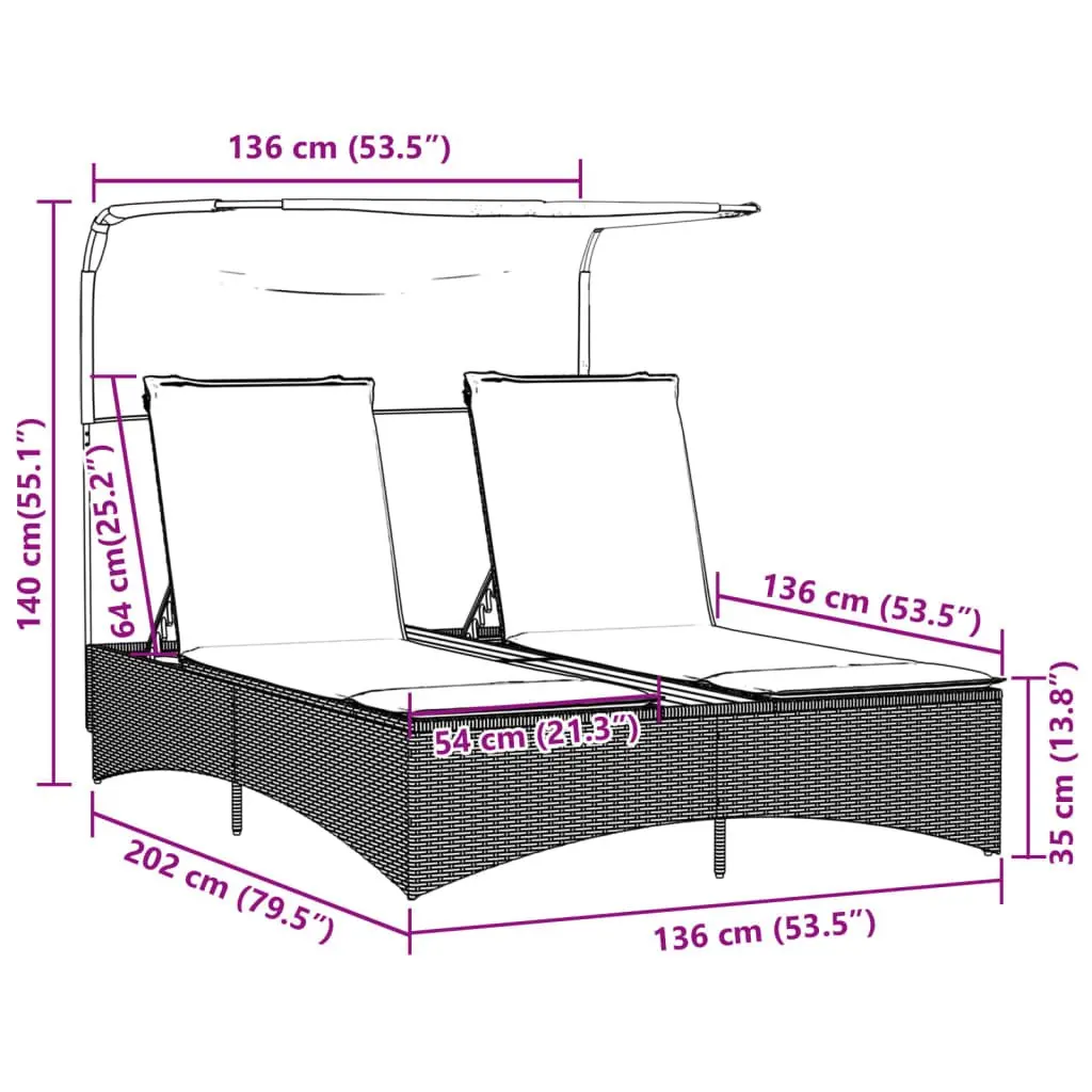 Double Sun Lounger Canopy Cushions Adjustable Backrest Outdoor Garden Furniture Black Poly Rattan