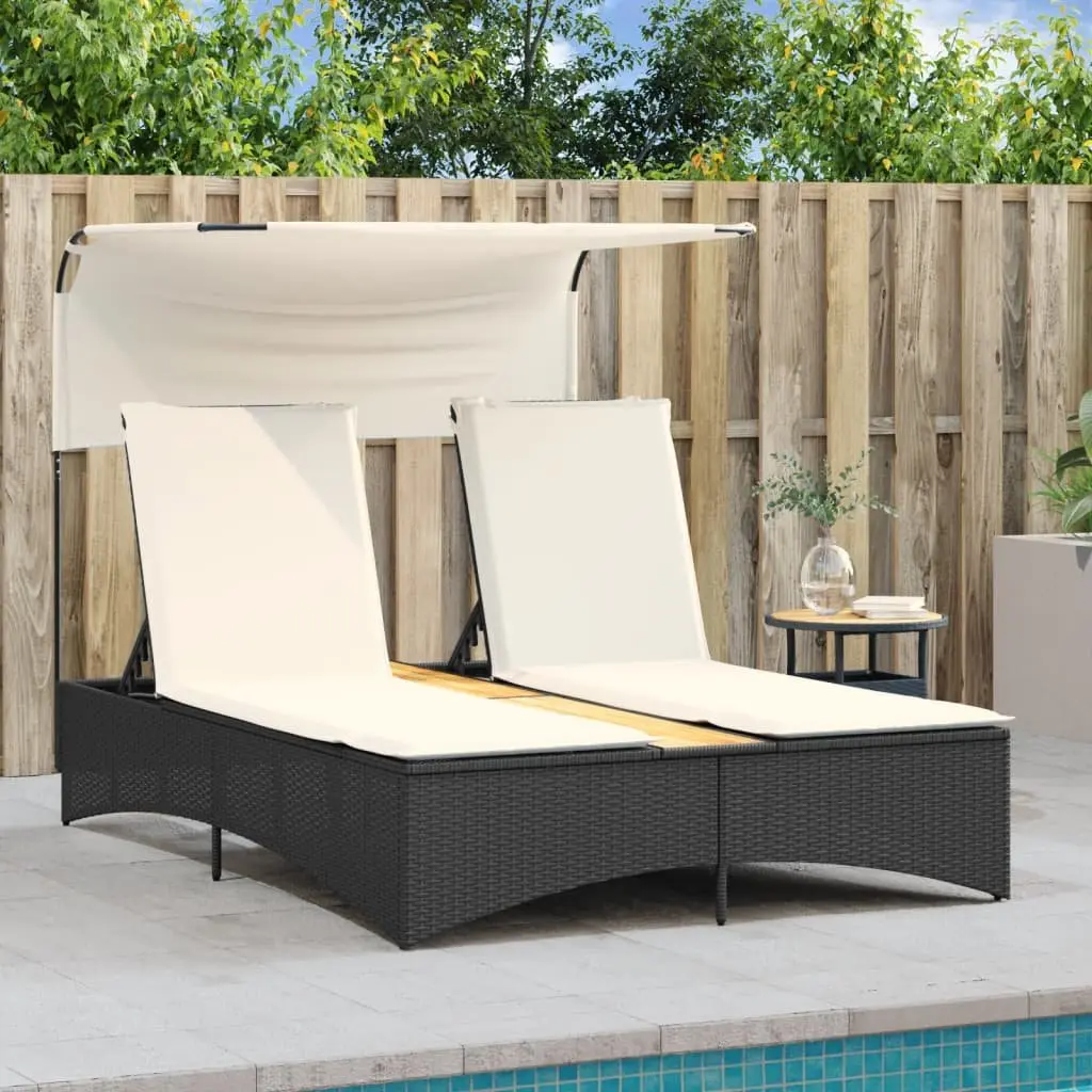 Double Sun Lounger Canopy Cushions Adjustable Backrest Outdoor Garden Furniture Black Poly Rattan