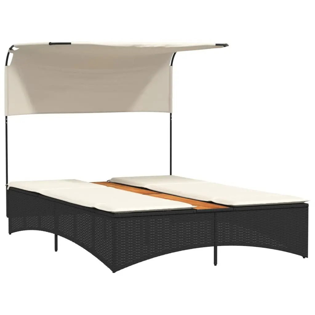 Double Sun Lounger Canopy Cushions Adjustable Backrest Outdoor Garden Furniture Black Poly Rattan