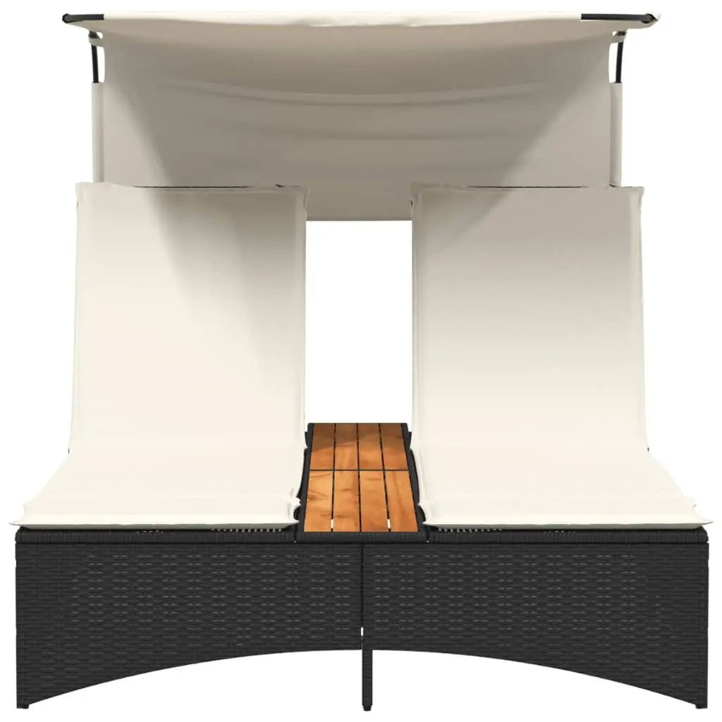 Double Sun Lounger Canopy Cushions Adjustable Backrest Outdoor Garden Furniture Black Poly Rattan