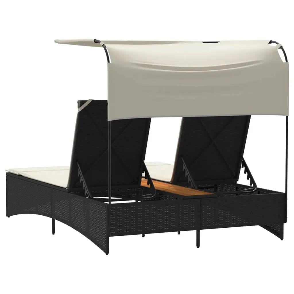 Double Sun Lounger Canopy Cushions Adjustable Backrest Outdoor Garden Furniture Black Poly Rattan