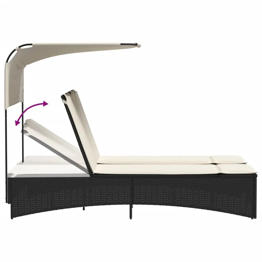 Double Sun Lounger Canopy Cushions Adjustable Backrest Outdoor Garden Furniture Black Poly Rattan