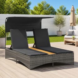 Double Sun Lounger: Grey Poly Rattan with Adjustable Canopy