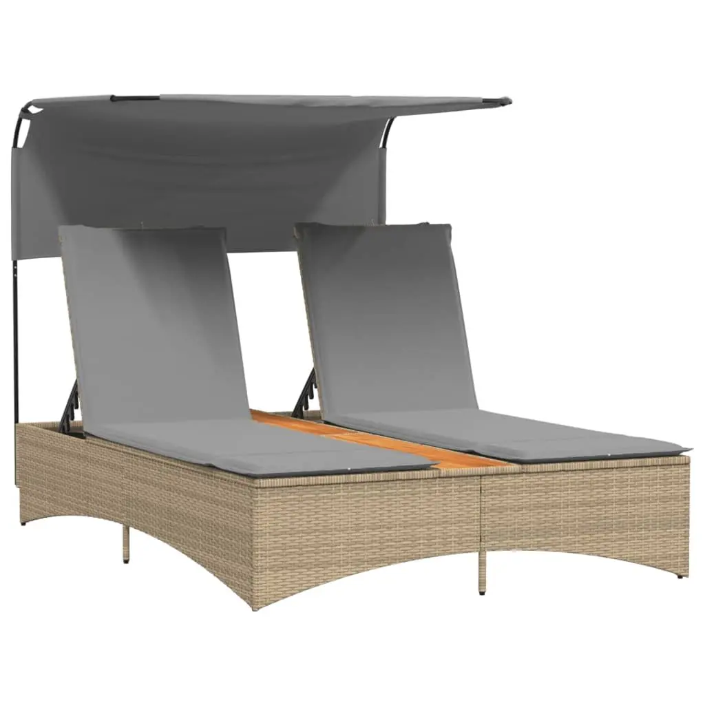 Double Sun Lounger Outdoor Furniture Canopy Adjustable Backrest Cushions Beige