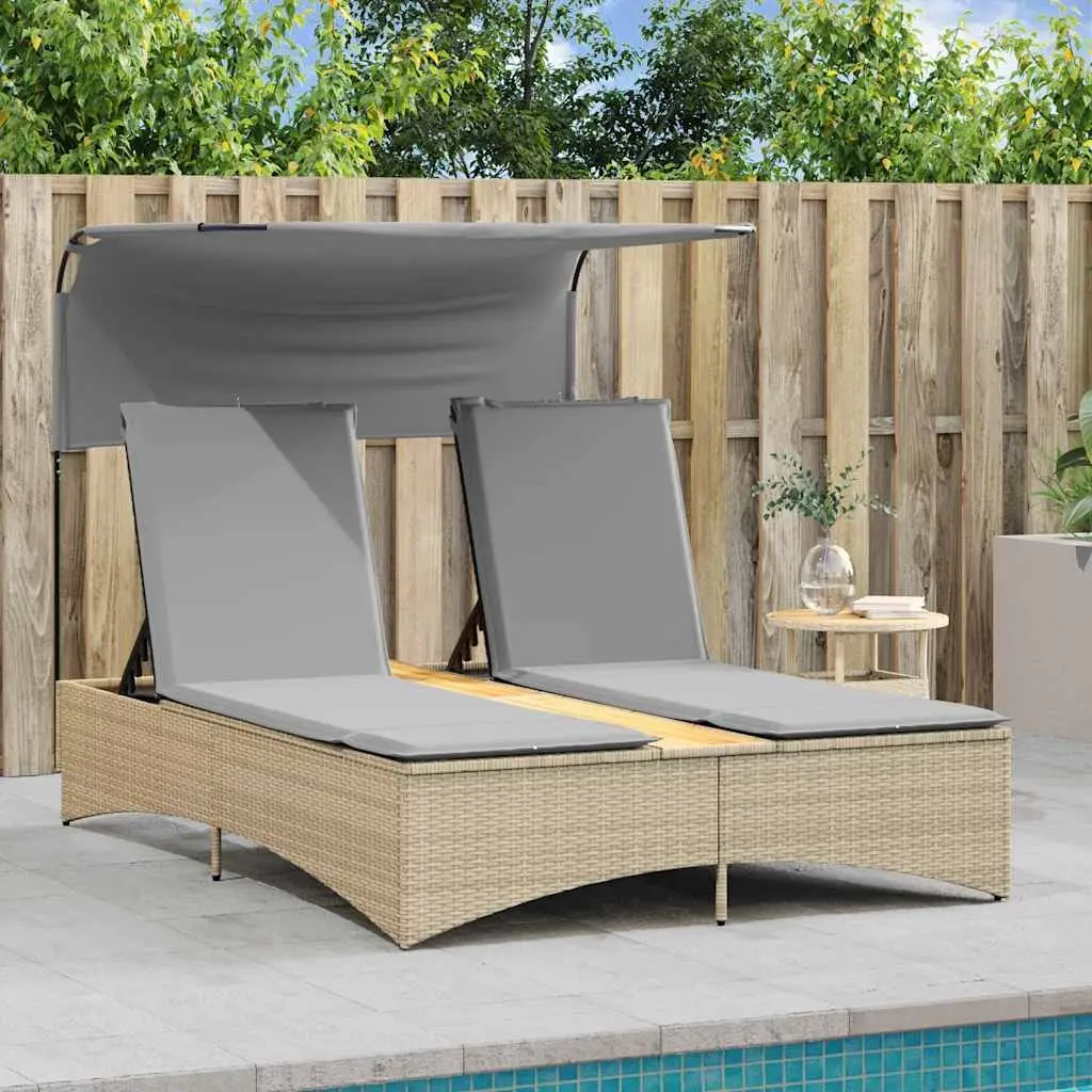 Double Sun Lounger Outdoor Furniture Canopy Adjustable Backrest Cushions Beige