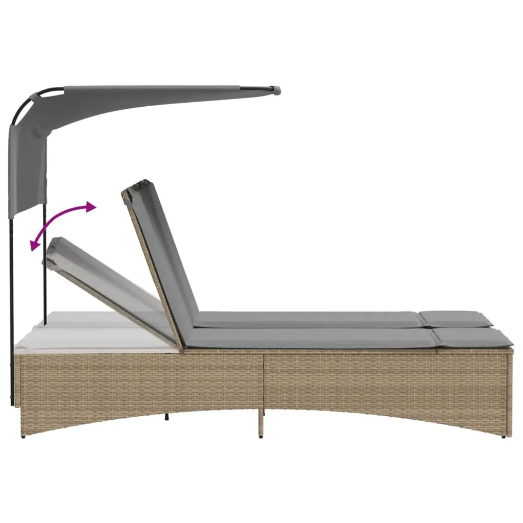 Double Sun Lounger Outdoor Furniture Canopy Adjustable Backrest Cushions Beige