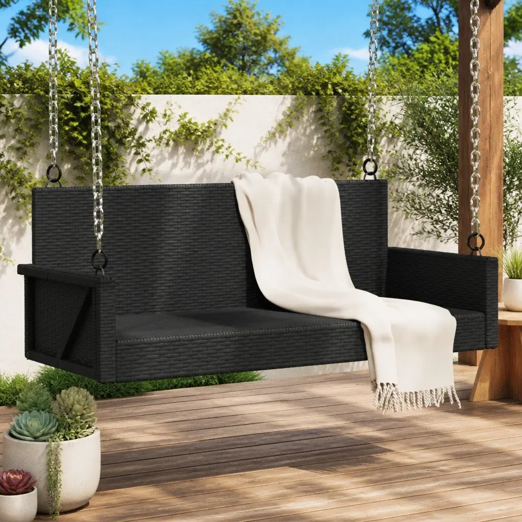 Outdoor Swing Bench Black Hanging Garden Seat Poly Rattan Relaxation Furniture