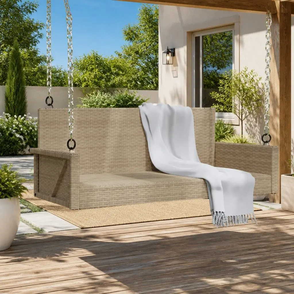 Outdoor Swing Bench Beige Poly Rattan Garden Patio Furniture 119 x 56 x 48 cm