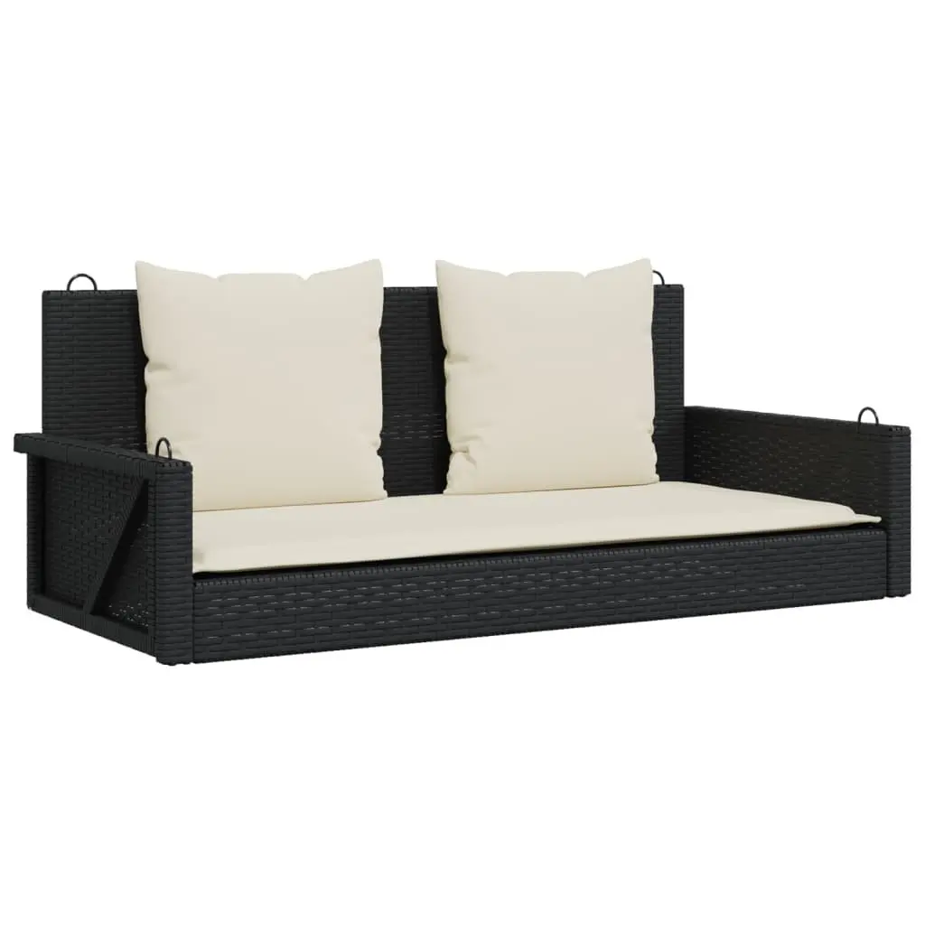 Outdoor Swing Bench Black Poly Rattan Garden Hanging Seat with Cushions Patio