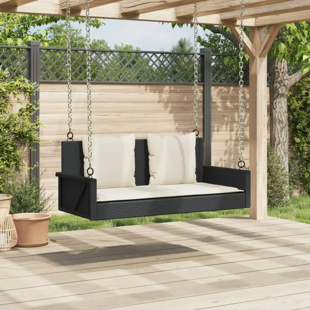 Outdoor Swing Bench Black Poly Rattan Garden Hanging Seat with Cushions Patio