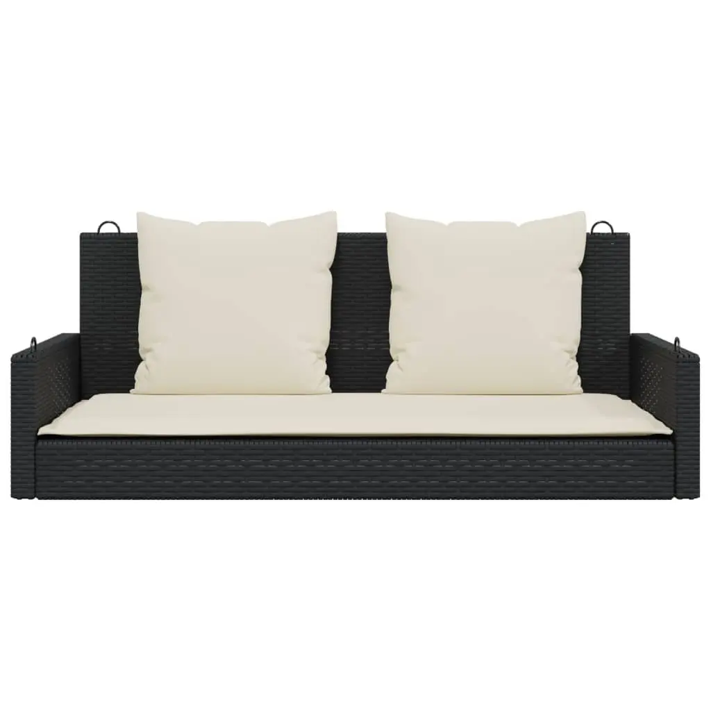 Outdoor Swing Bench Black Poly Rattan Garden Hanging Seat with Cushions Patio
