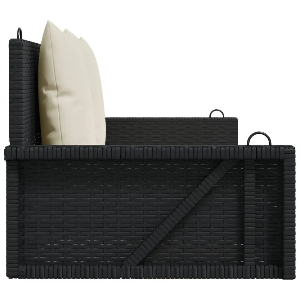 Outdoor Swing Bench Black Poly Rattan Garden Hanging Seat with Cushions Patio