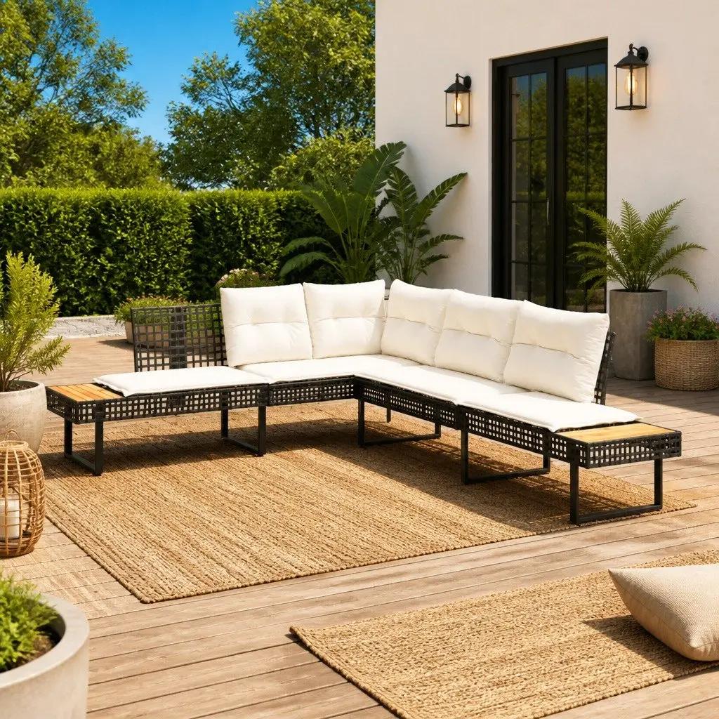 L-Shaped Garden Sofa Set with Cushions and Tables