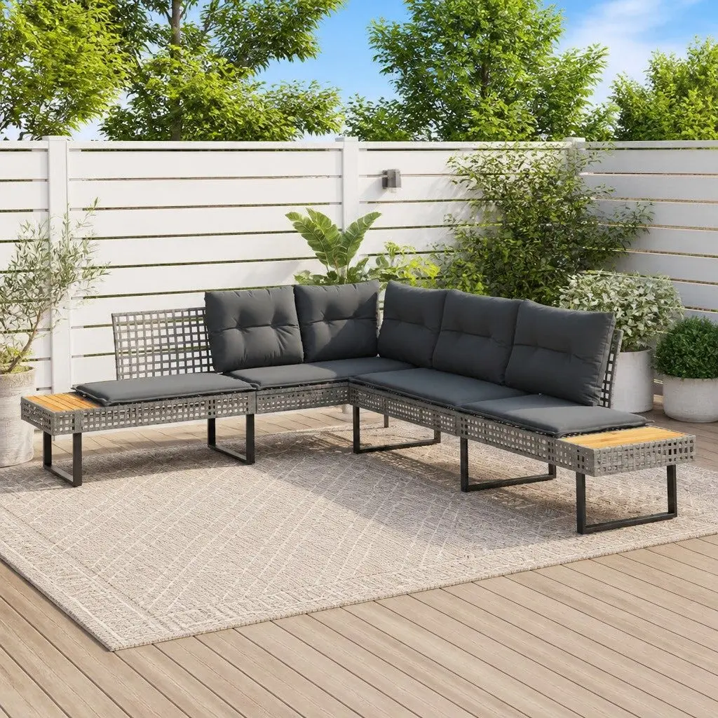 L-Shaped Garden Sofa Set for Patio Grey Poly Rattan with Cushions