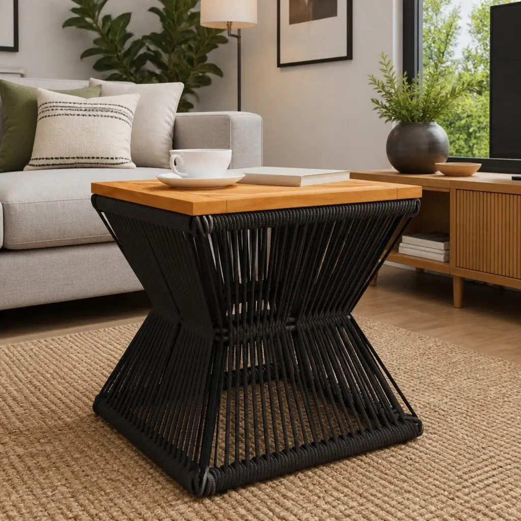 Coffee Table with Steel Wire Base Brown Solid Wood Living Room Accent Furniture