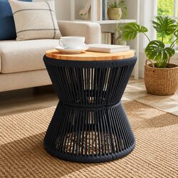 Coffee Table: Black Wire Base & Acacia Wood Top Ø 45x44 cm