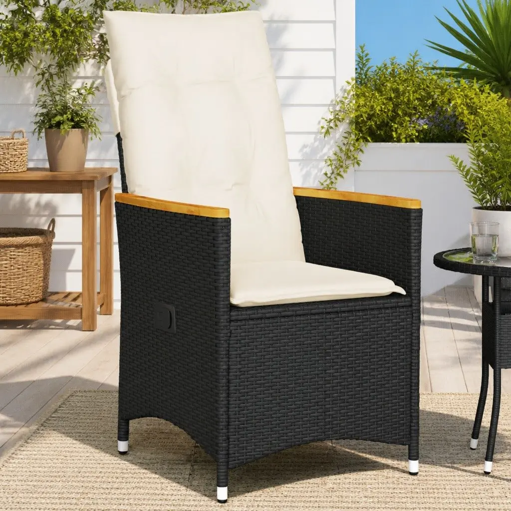 Reclining Garden Chair for Outdoor Use Black Poly Rattan Adjustable Backrest with Cushions