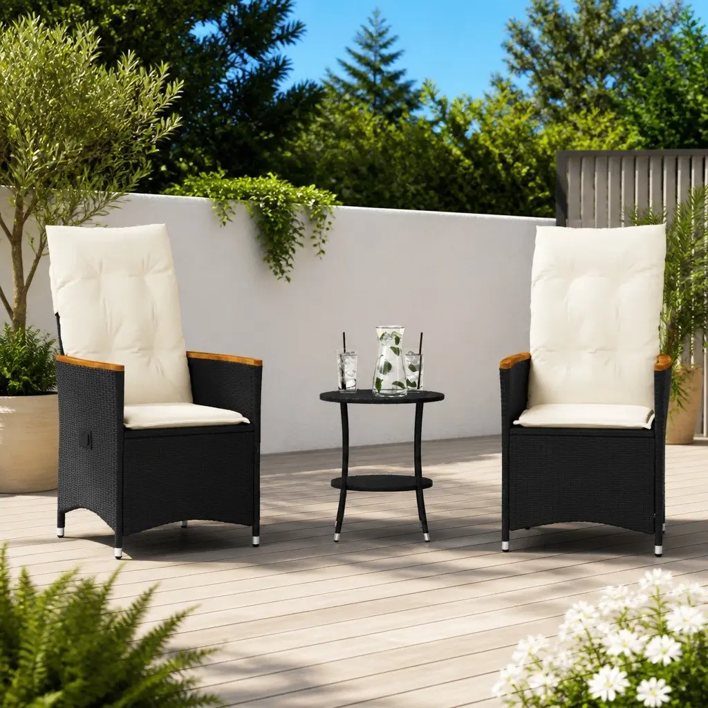 Bistro Set Outdoor Garden 3 Piece Black Poly Rattan