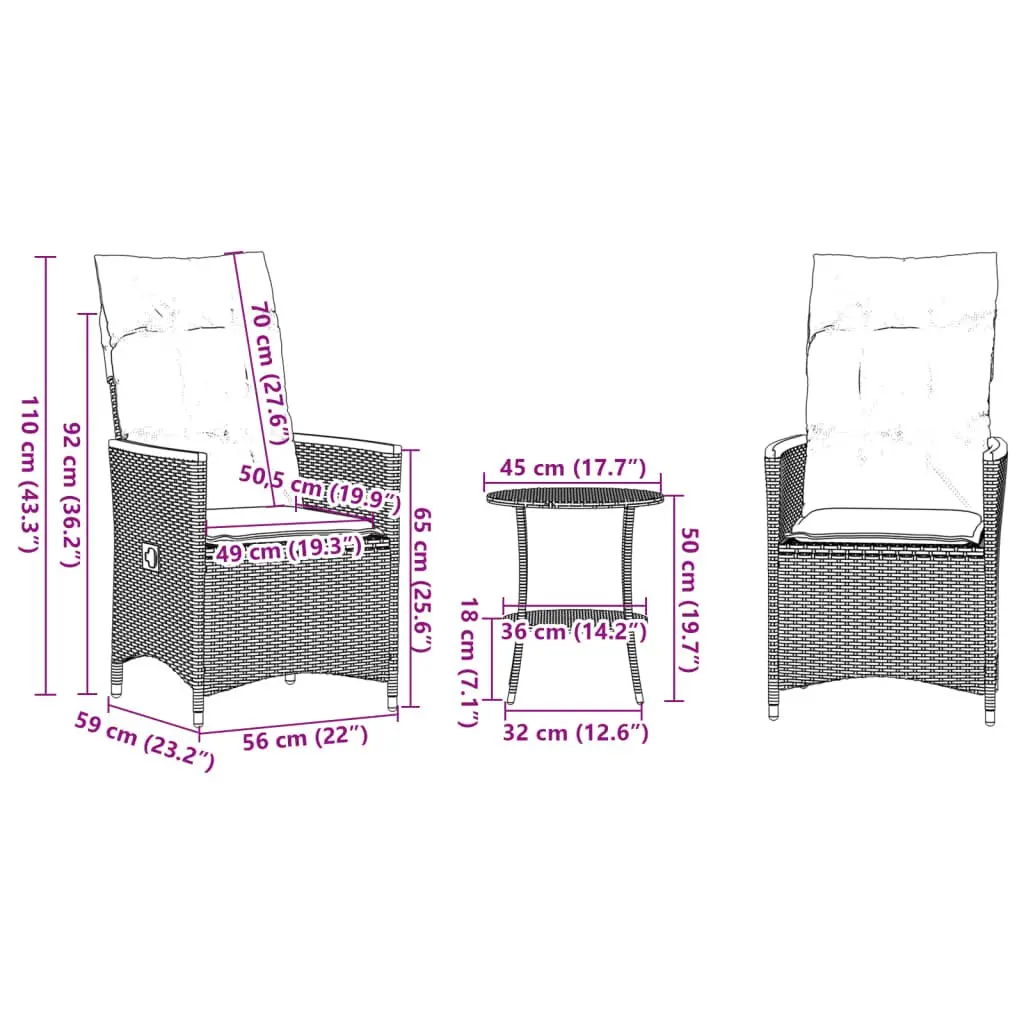 Bistro Set Outdoor Garden 3 Piece Black Poly Rattan