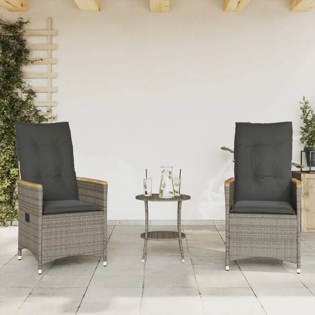 3 Piece Outdoor Bistro Set Grey Poly Rattan Garden Furniture Adjustable Backrest
