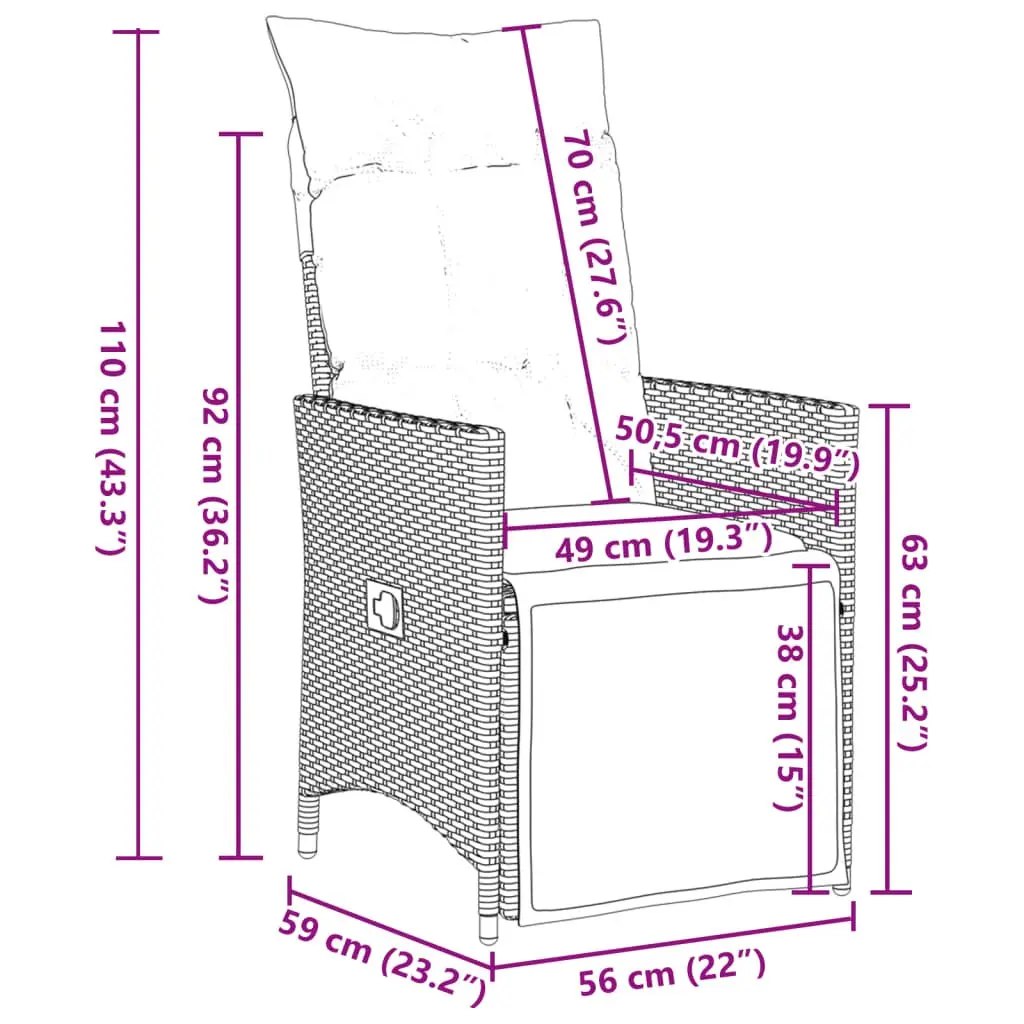 Reclining Garden Chair Outdoor Adjustable Backrest Footrest Black Cushions