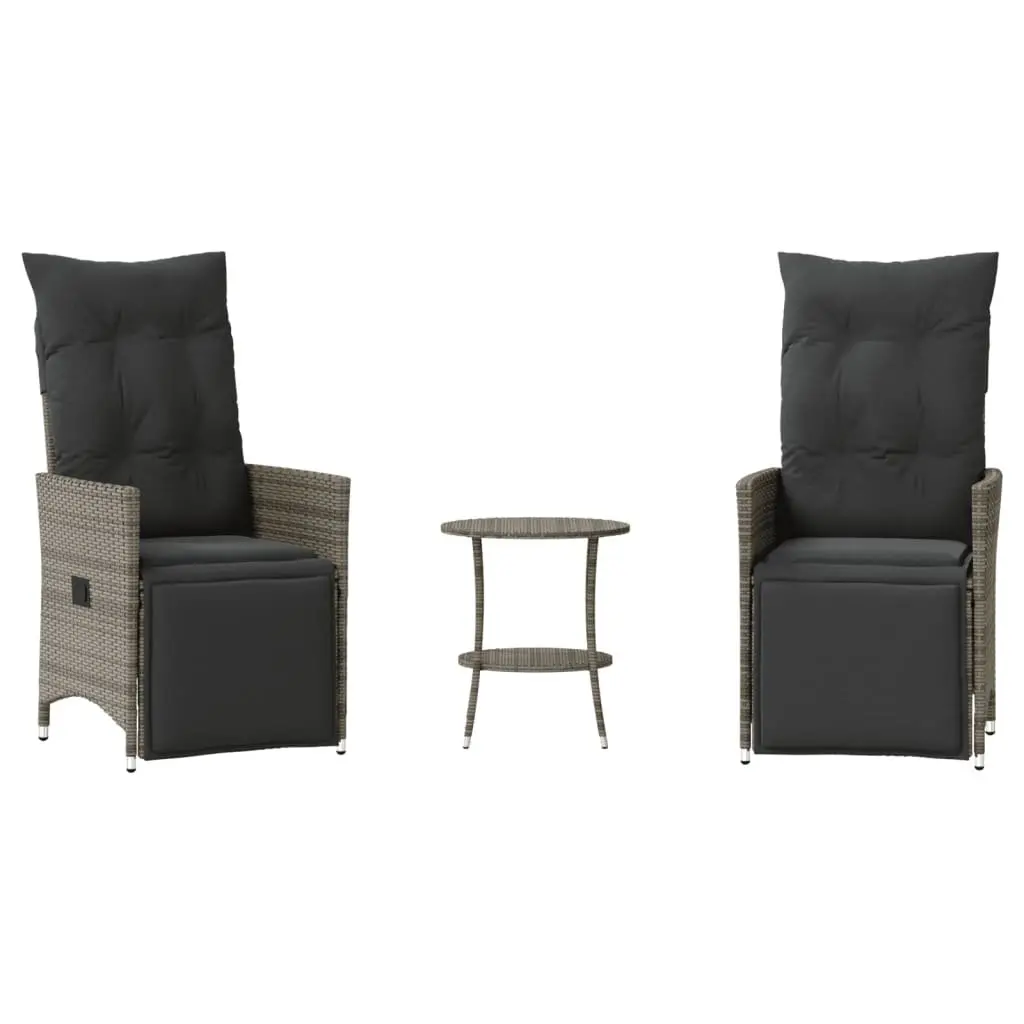 3 Piece Outdoor Bistro Set Garden Furniture with Cushions Grey Poly Rattan Patio