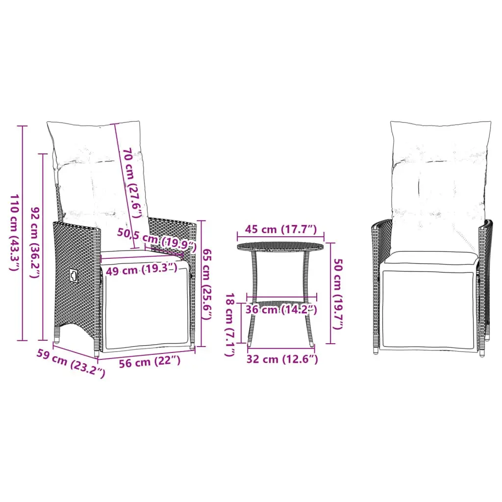 3 Piece Outdoor Bistro Set Garden Furniture with Cushions Grey Poly Rattan Patio