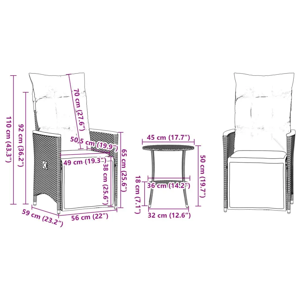 Bistro Set 3 Piece Outdoor Garden Furniture Grey Poly Rattan with Cushions