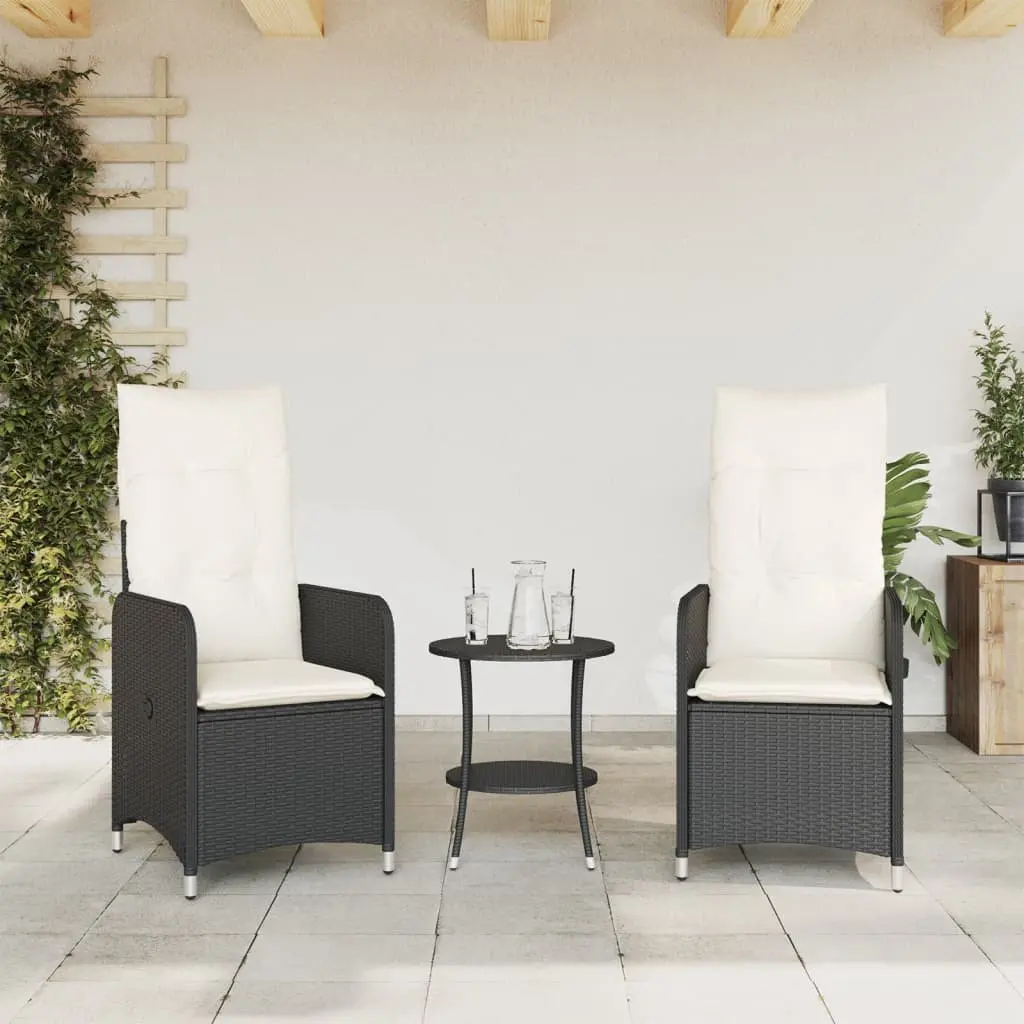 Reclining Garden Chairs 2 pc Set with Table Black Poly Rattan Outdoor Seating