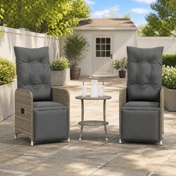 Grey Reclining Garden Chairs Set with Table Outdoor Seating Poly Rattan 2 Pieces