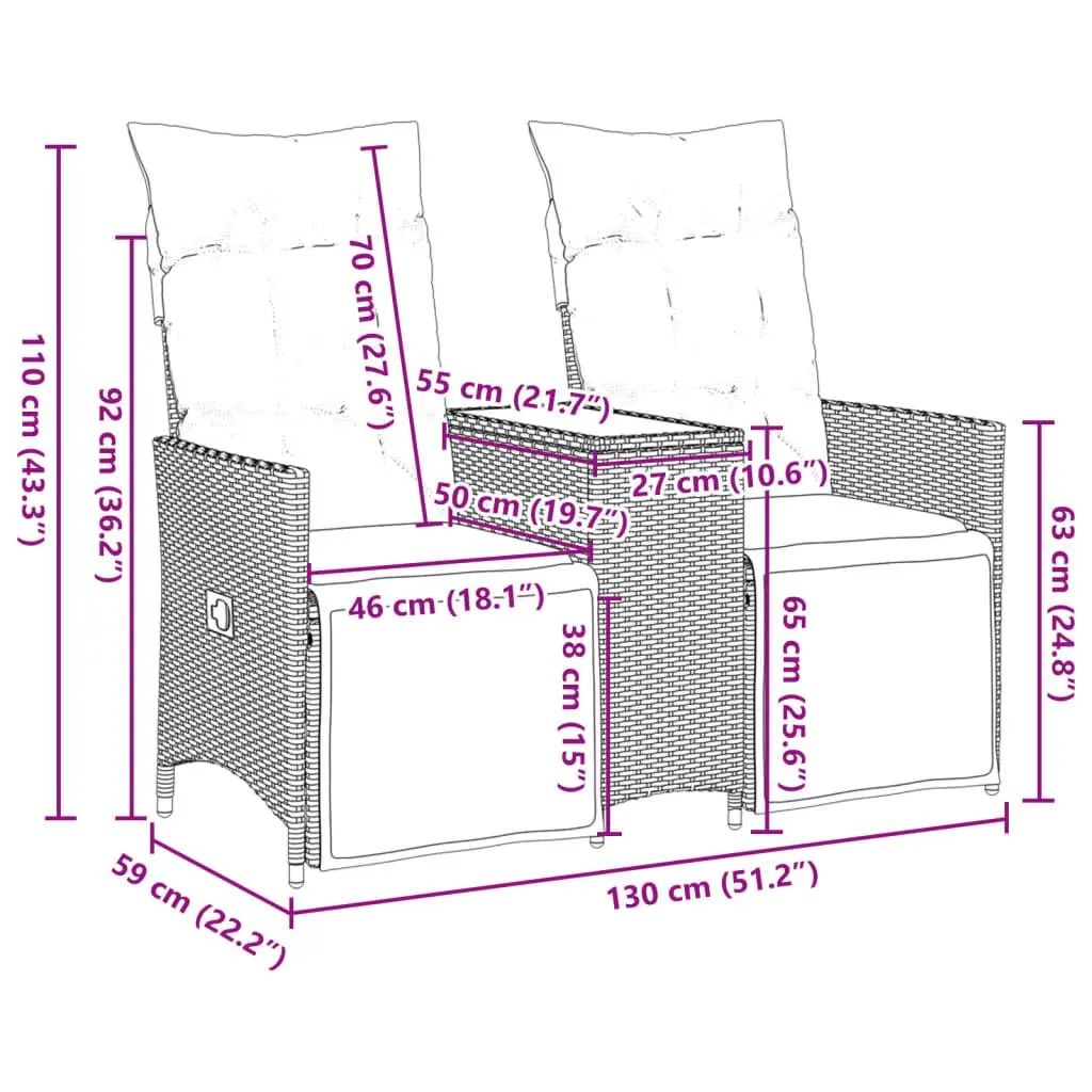 Reclining Garden Sofa 2-Seater Outdoor Furniture with Central Table Black