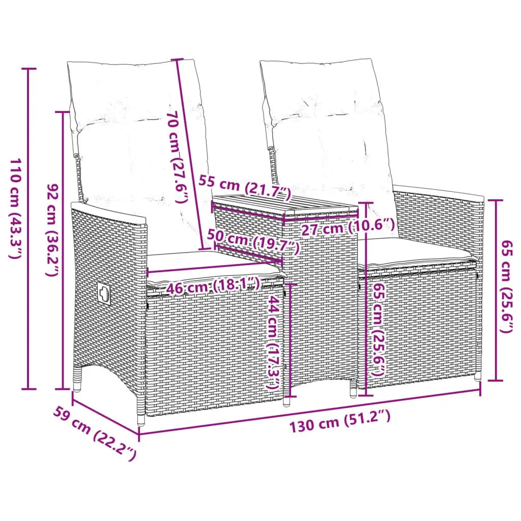 Reclining Garden Sofa 2-Seater with Table Grey Poly Rattan Outdoor Furniture