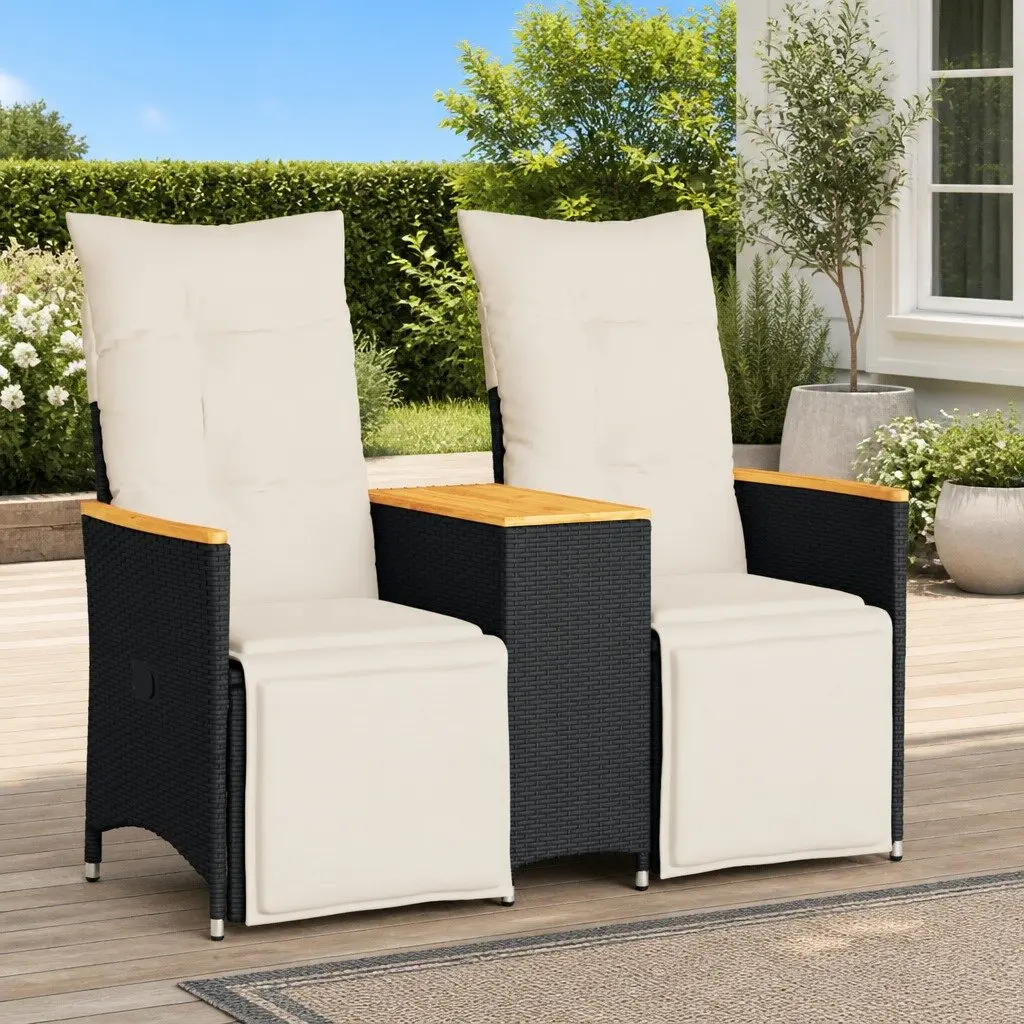 Reclining Garden Sofa 2-Seater with Adjustable Backrest Central Table Black Poly Rattan
