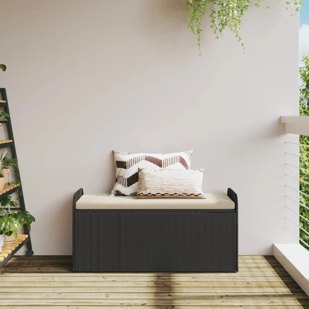 Outdoor Storage Bench with Cushion Black Poly Rattan Garden Seating Furniture