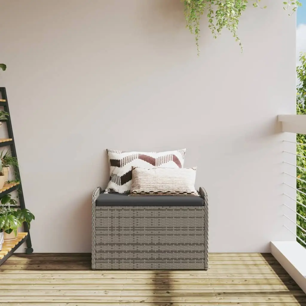 Outdoor Storage Bench with Cushion Grey Poly Rattan Garden Seating 80x51x52cm