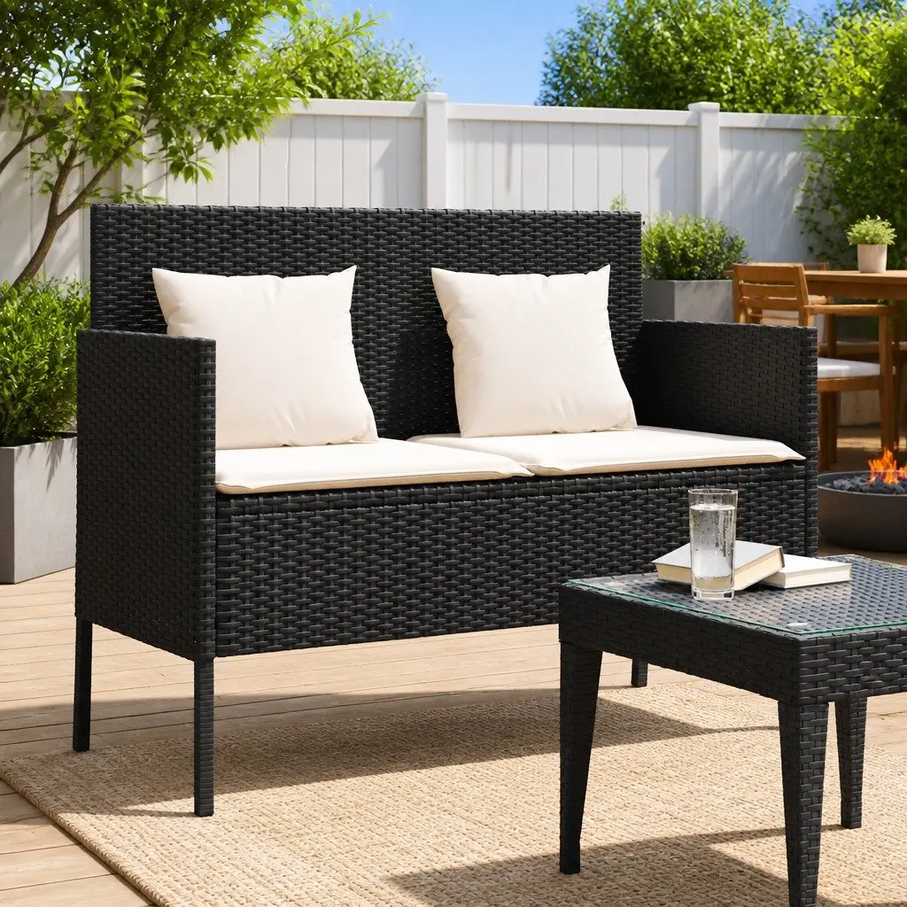 Garden Bench with Storage Cushions Black Poly Rattan Outdoor Seating Furniture