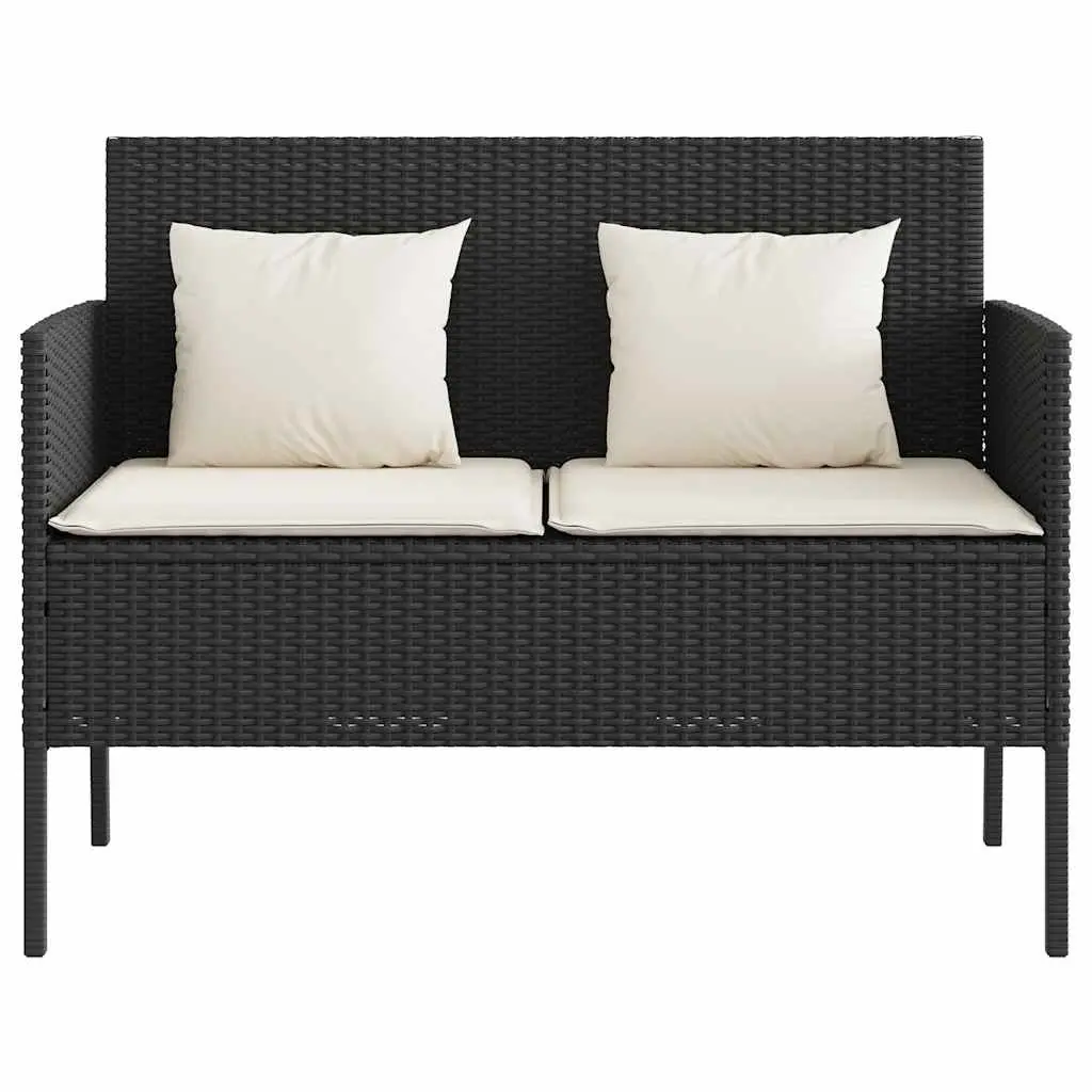 Garden Bench with Storage Cushions Black Poly Rattan Outdoor Seating Furniture