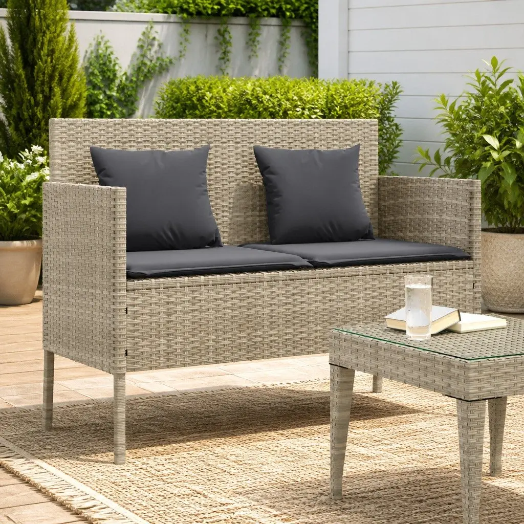 Outdoor Garden Bench with Storage Cushion Seat Poly Rattan Grey Patio Furniture