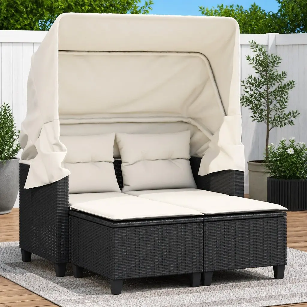 Outdoor Garden Sofa 2-Seater with Retractable Canopy and Stools Black Poly