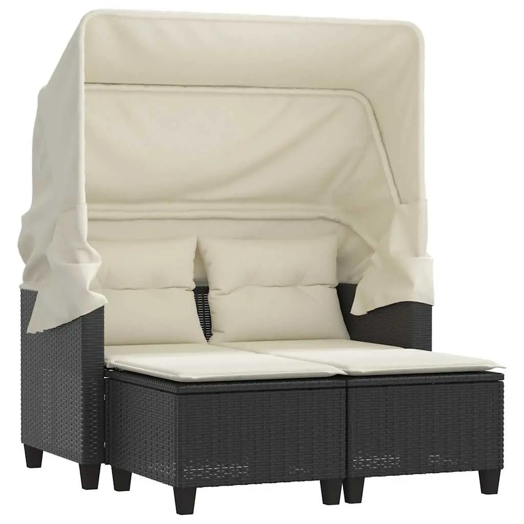 Outdoor Garden Sofa 2-Seater with Retractable Canopy and Stools Black Poly