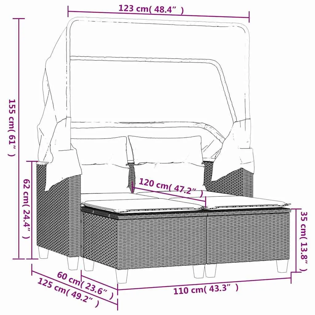 Outdoor Garden Sofa 2-Seater with Retractable Canopy and Stools Black Poly