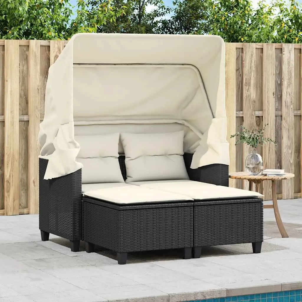 Outdoor Garden Sofa 2-Seater with Retractable Canopy and Stools Black Poly