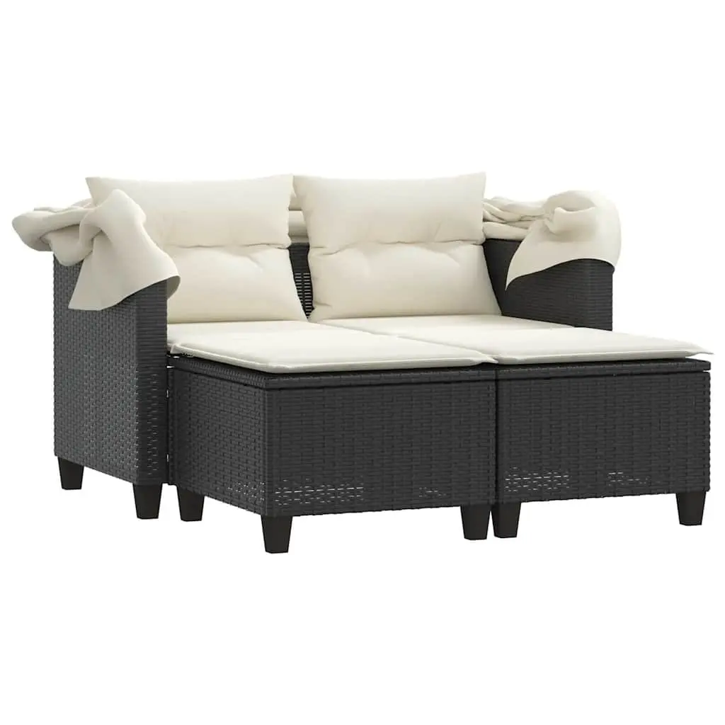 Outdoor Garden Sofa 2-Seater with Retractable Canopy and Stools Black Poly